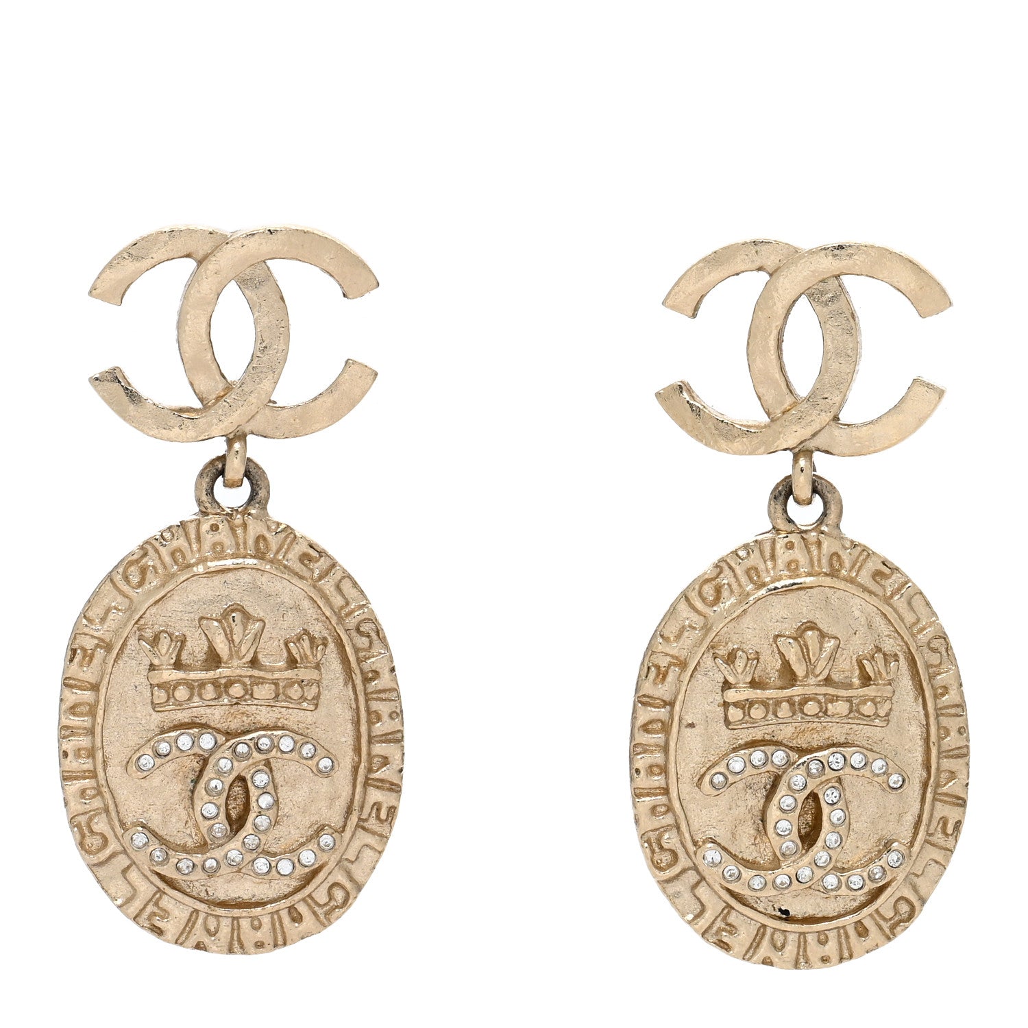 Chanel Crystal CC Medallion Drop Earrings Gold 1 of 4