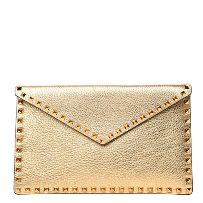Valentino Garavani Metallic Pebbled Calfskin Large Rockstud Envelope Clutch Gold 1 of 7