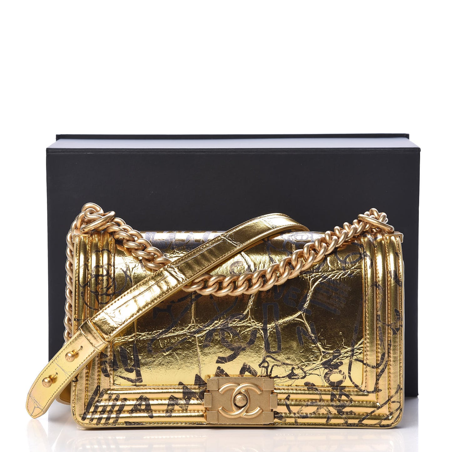Metallic Calfskin Crocodile Embossed Graffiti Medium Cocodile Boy Flap Gold