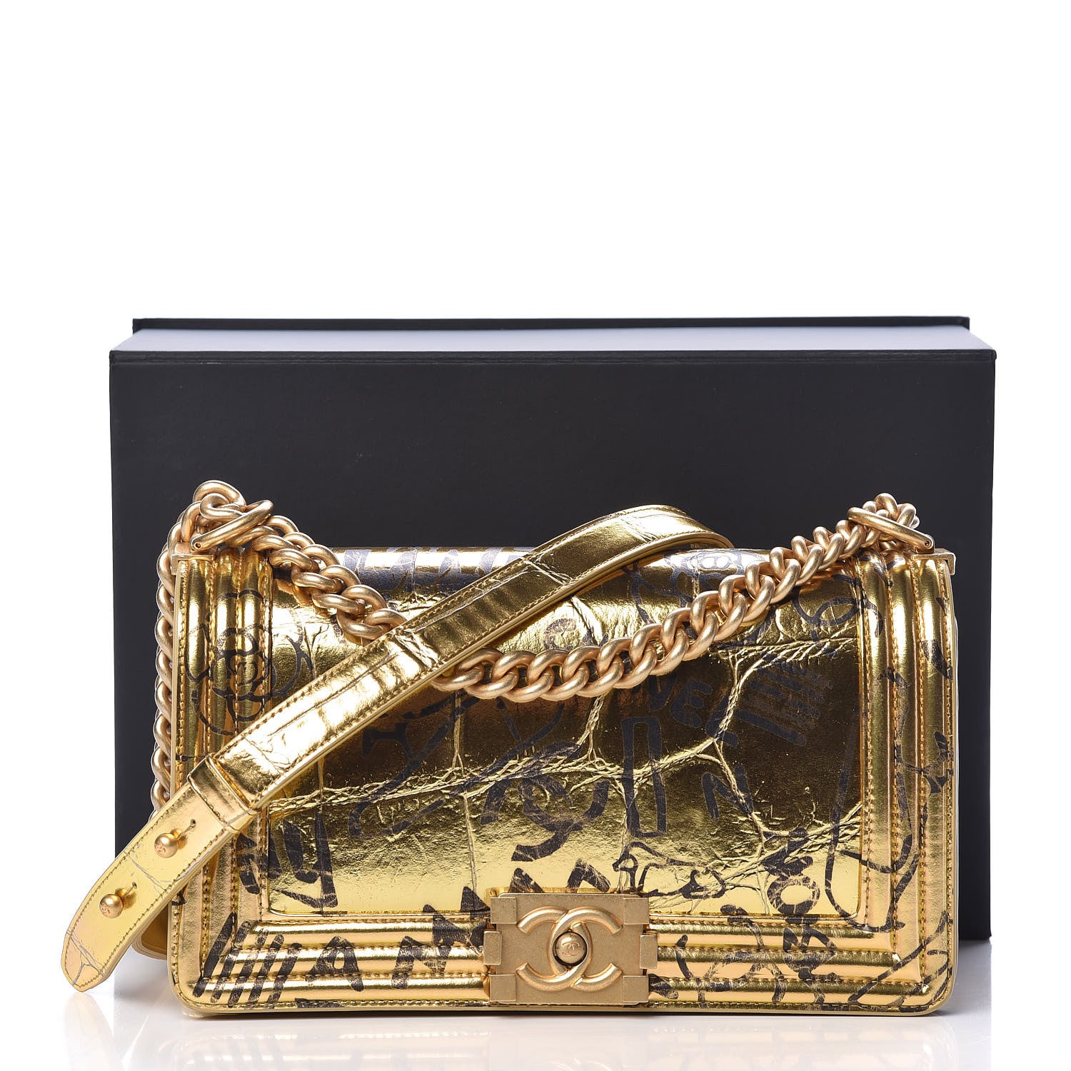 Chanel Metallic Calfskin Crocodile Embossed Graffiti Medium Cocodile Boy Flap Gold 13 of 13