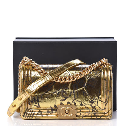 Chanel Metallic Calfskin Crocodile Embossed Graffiti Medium Cocodile Boy Flap Gold 13 of 13