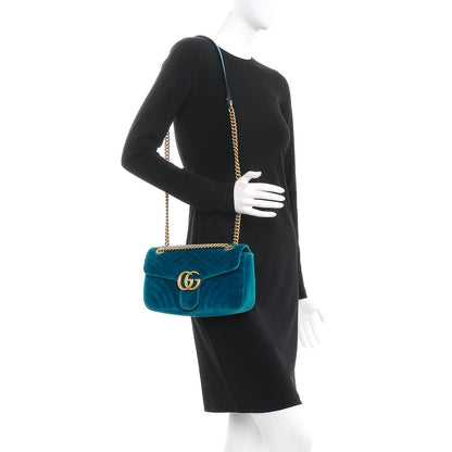 Gucci Velvet Matelasse Small GG Marmont Shoulder Bag Pavone Cyan 2 of 8