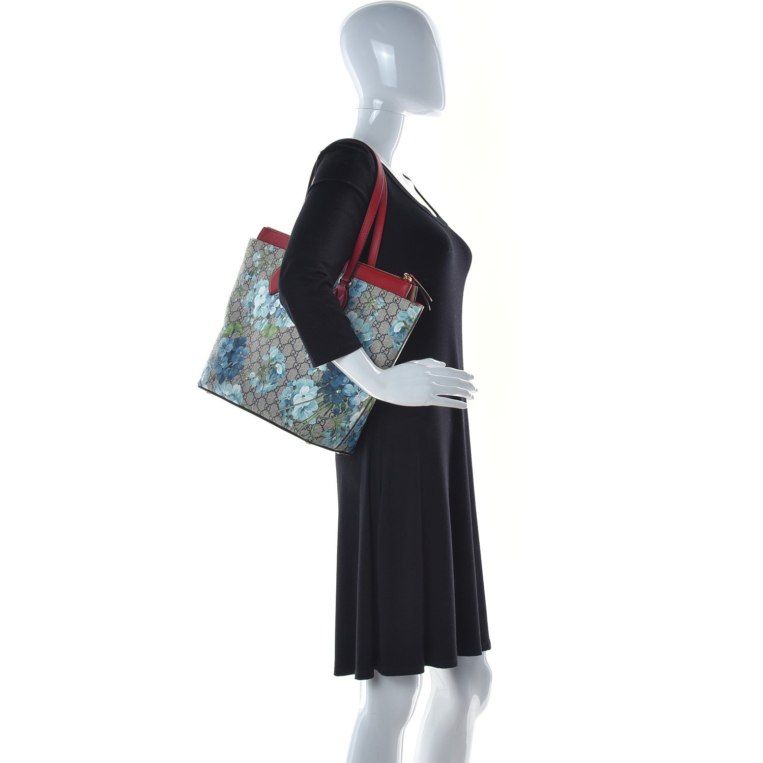Gucci GG Supreme Monogram Blooms Medium Zippered Bucket Tote Beige Blue Navy Hibiscus Red 2 of 10