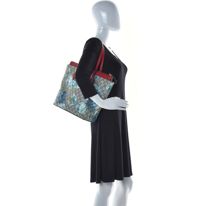 Gucci GG Supreme Monogram Blooms Medium Zippered Bucket Tote Beige Blue Navy Hibiscus Red 2 of 10