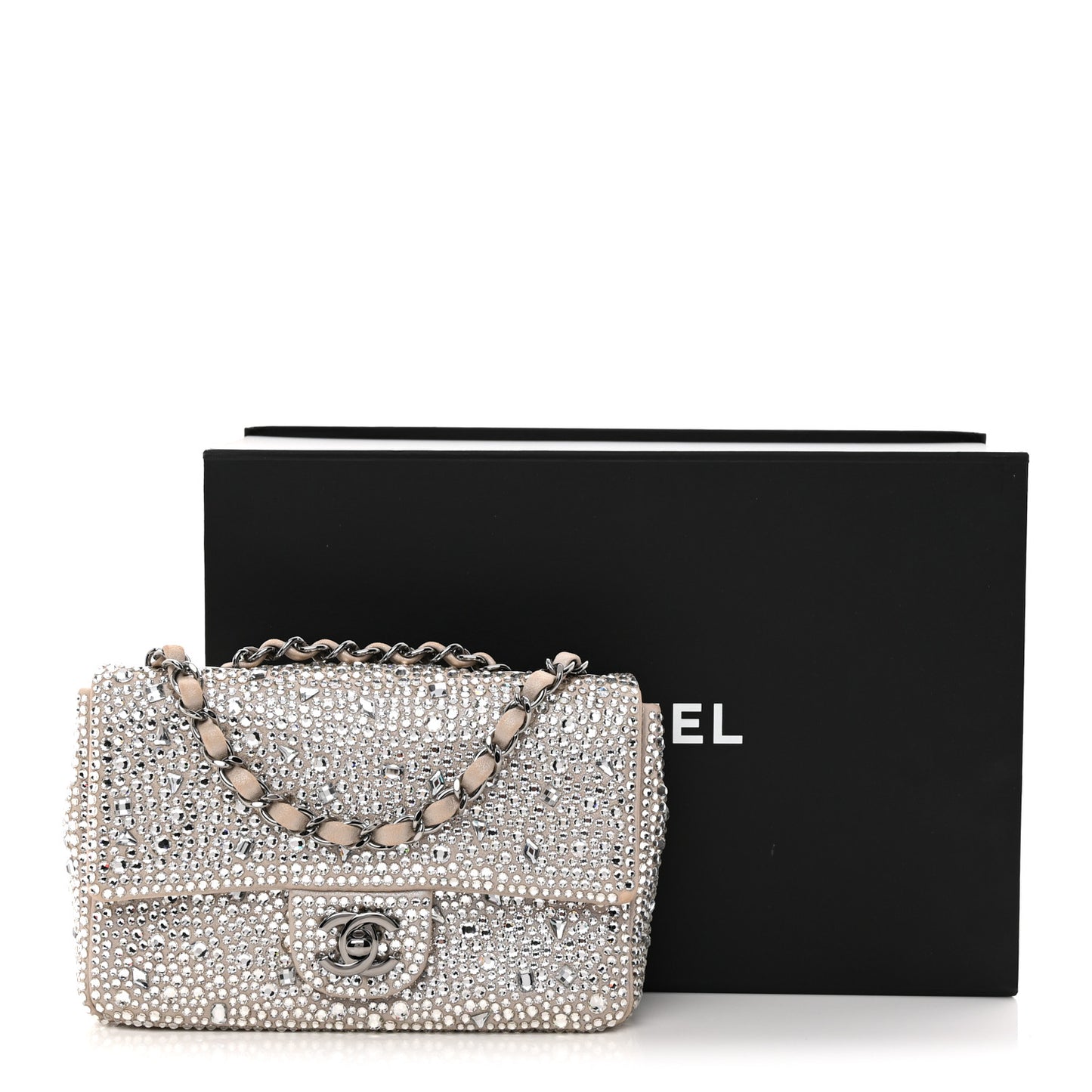 Suede Calfskin Crystal Mini Flap Silver