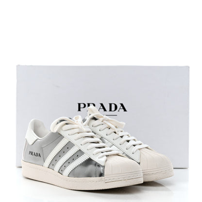 Prada X ADIDAS Brushed Calfskin Logo Mens Superstar Sneakers 6 Silver White 9 of 9