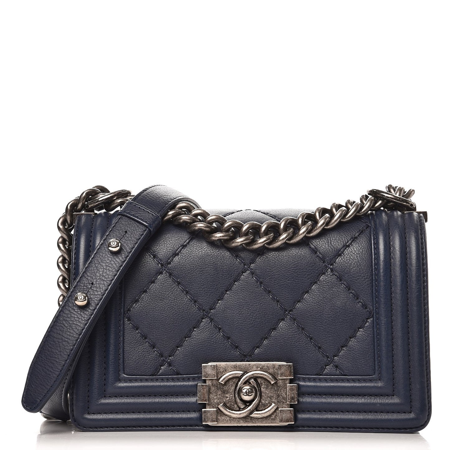 Calfskin Double Stitch Small Boy Flap Navy Blue