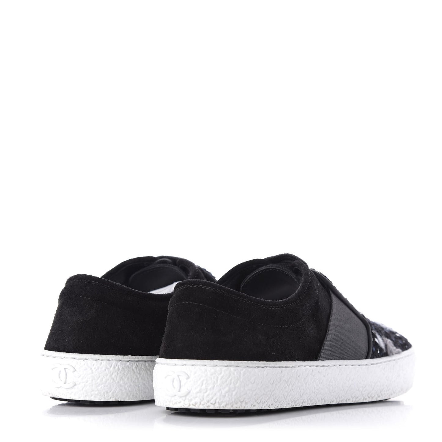 Suede Calfskin Tweed Womens Slip On Sneakers 36 Black Navy Silver