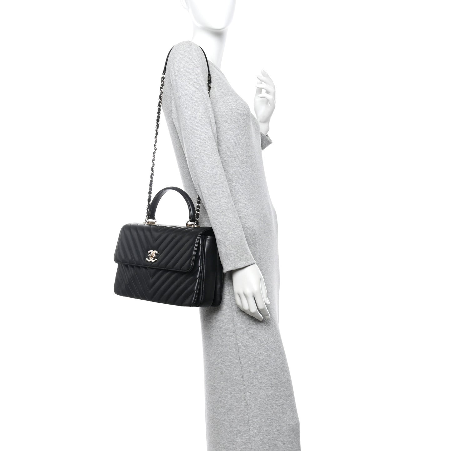 Lambskin Chevron Quilted Medium Trendy CC Dual Handle Flap Bag Black