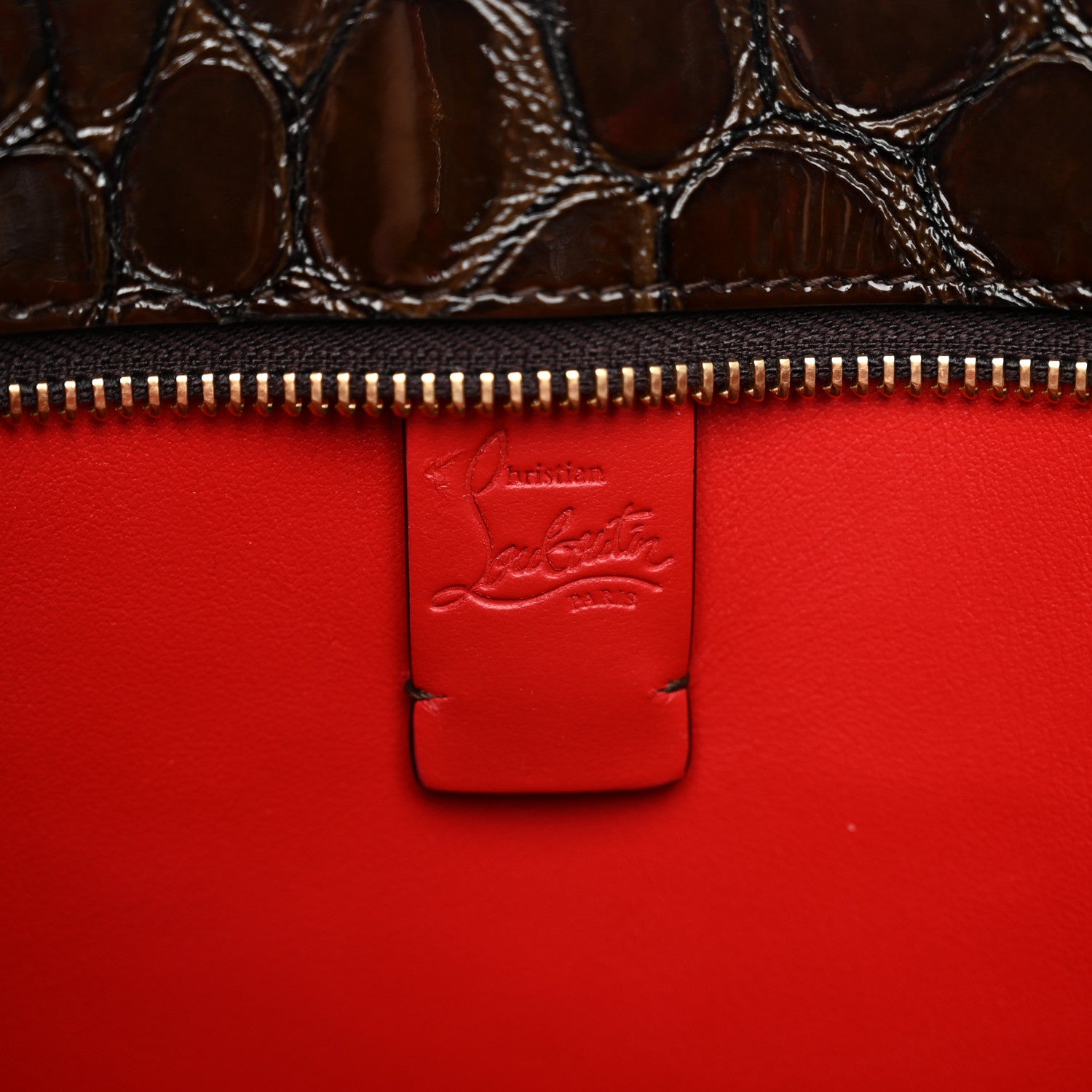 Christian Louboutin Patent Calfskin Crocodile Embossed Spikes Zipped Cabata Tote Brown 6 of 10