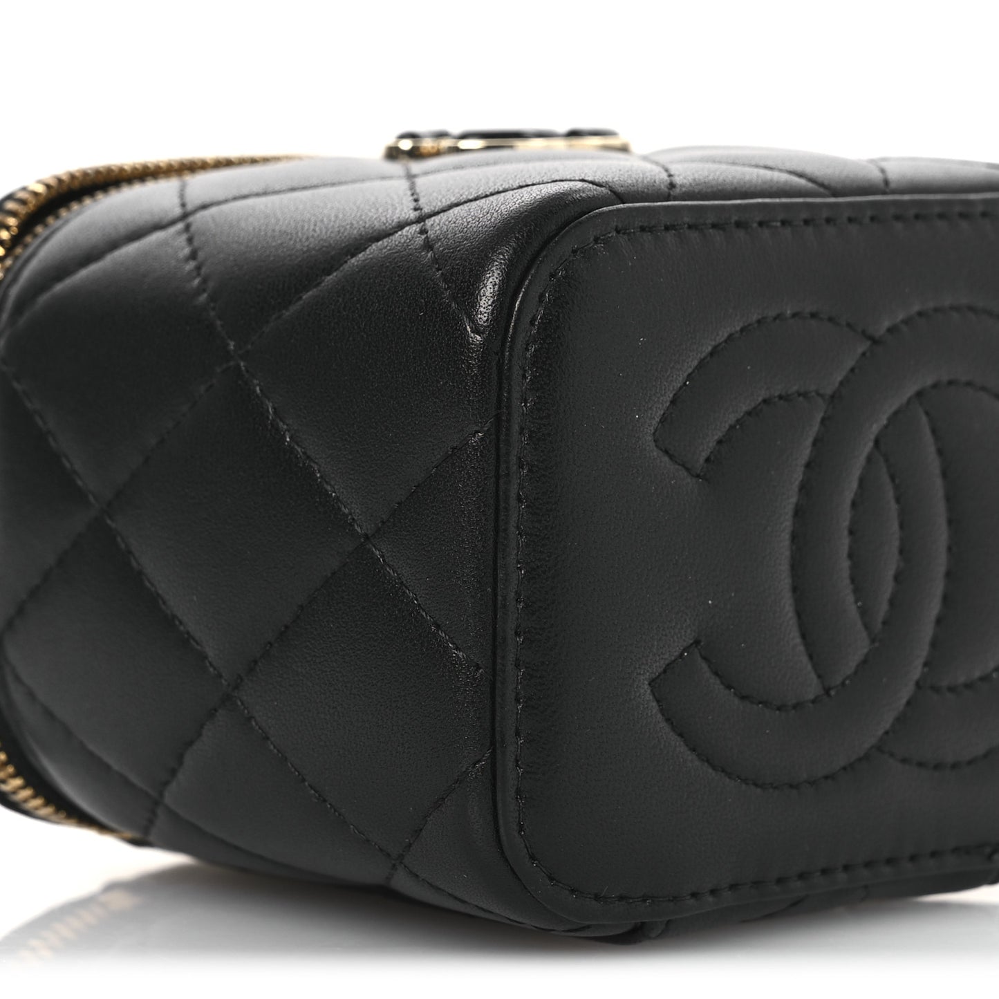 Lambskin Quilted Mini Enamel Vanity Case With Chain Black