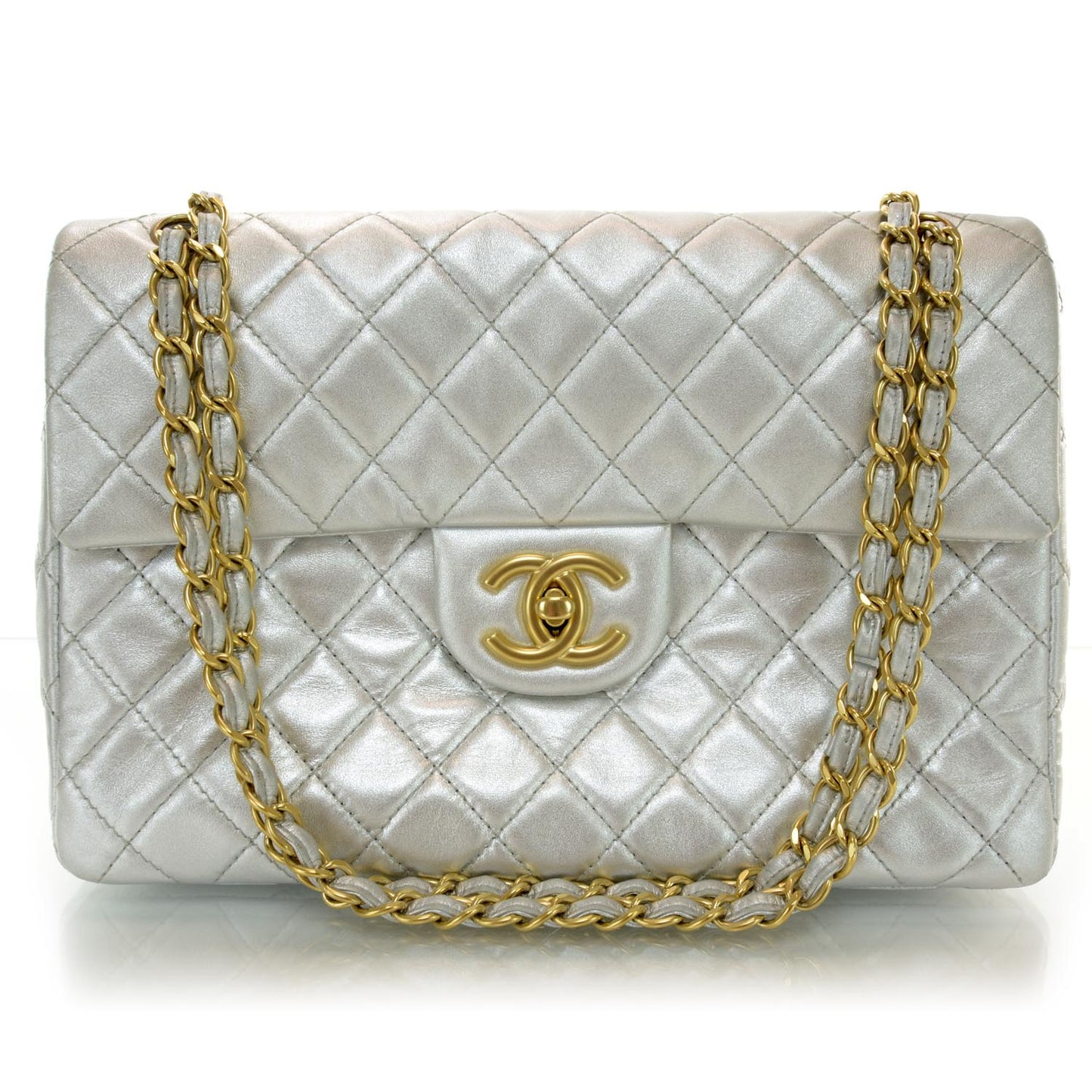 Lambskin Maxi Single Flap Metallic Silver