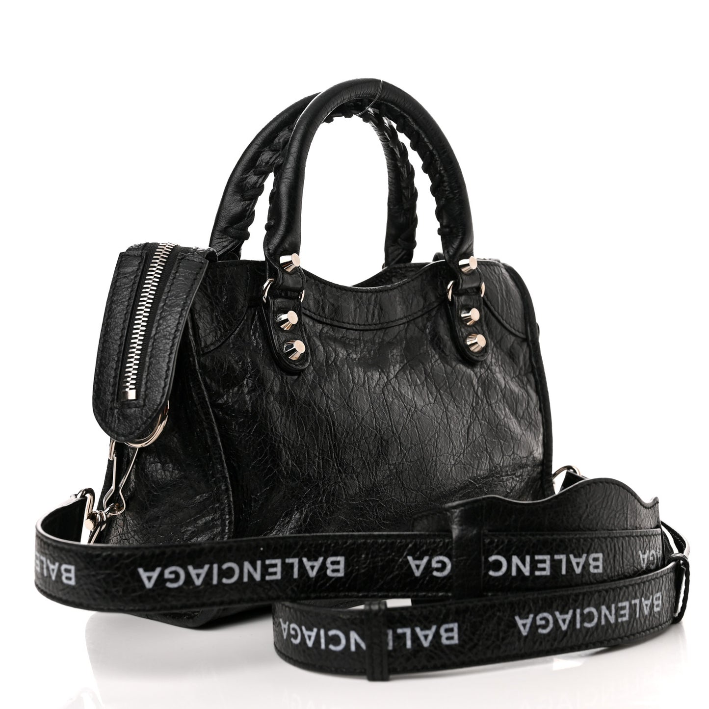 Agneau Classic Silver Hardware Mini City Logo Strap Black White