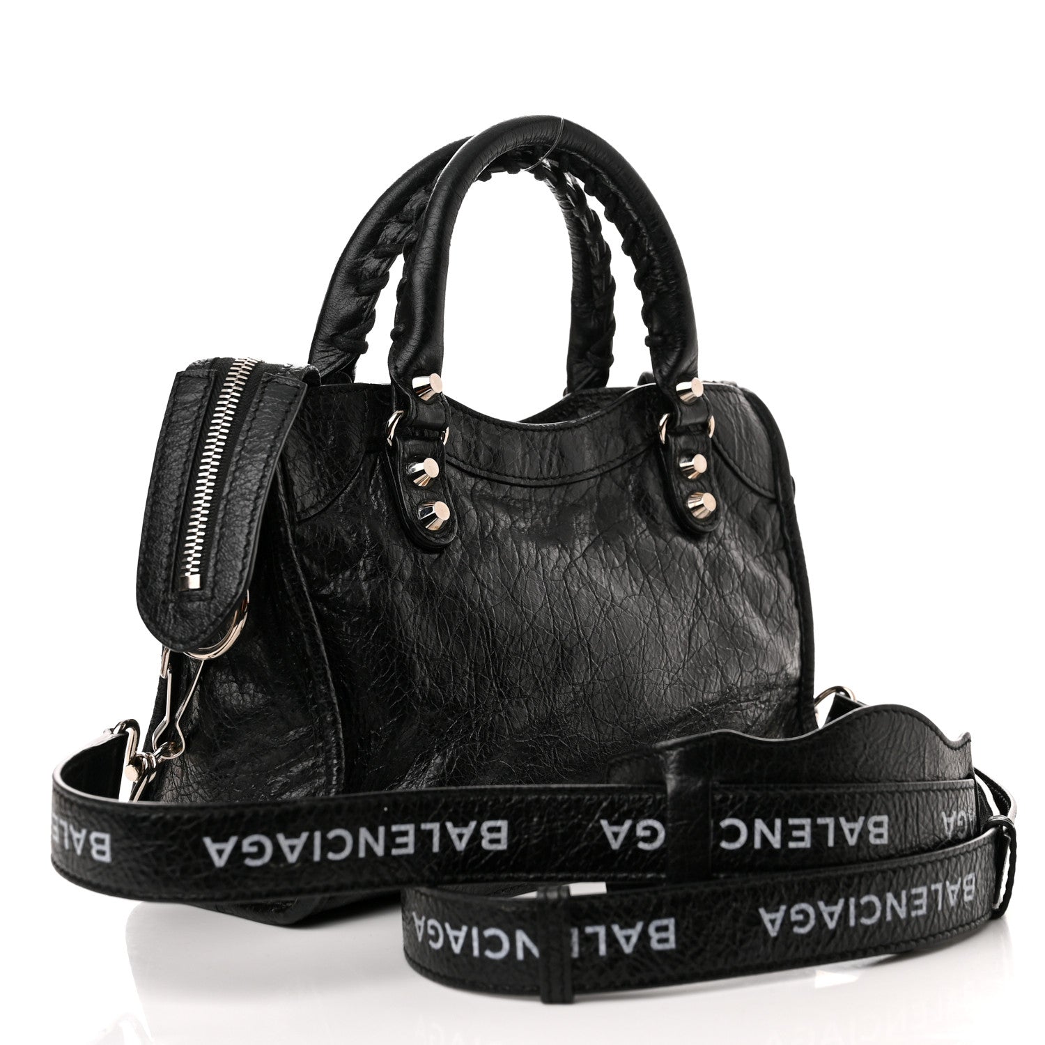 Balenciaga Agneau Classic Silver Hardware Mini City Logo Strap Black White 3 of 10