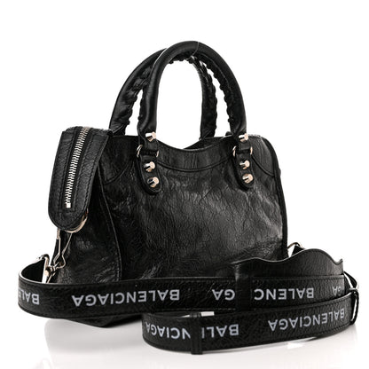 Balenciaga Agneau Classic Silver Hardware Mini City Logo Strap Black White 3 of 10