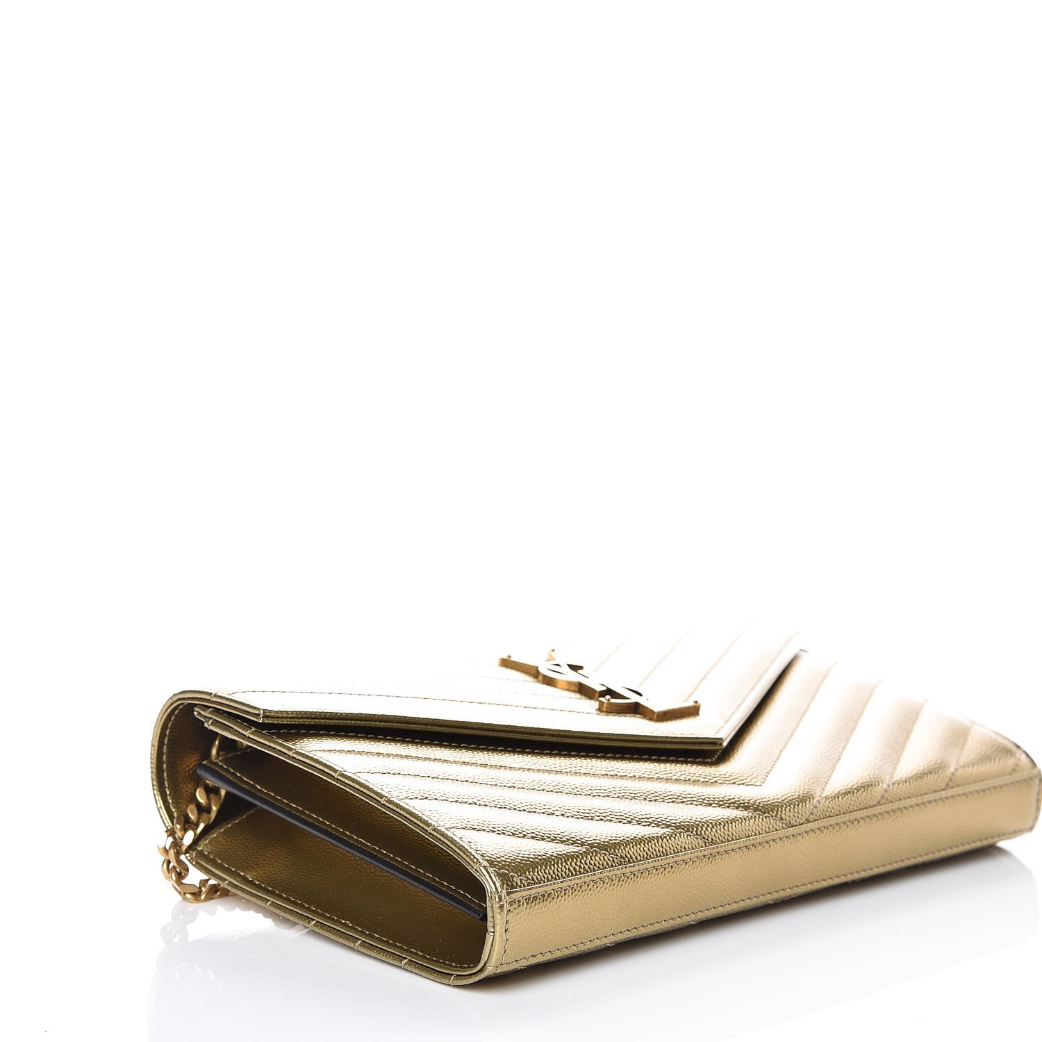 Saint Laurent Iridescent Grain De Poudre Matelasse Chevron Monogram Chain Wallet Antic Gold 4 of 9