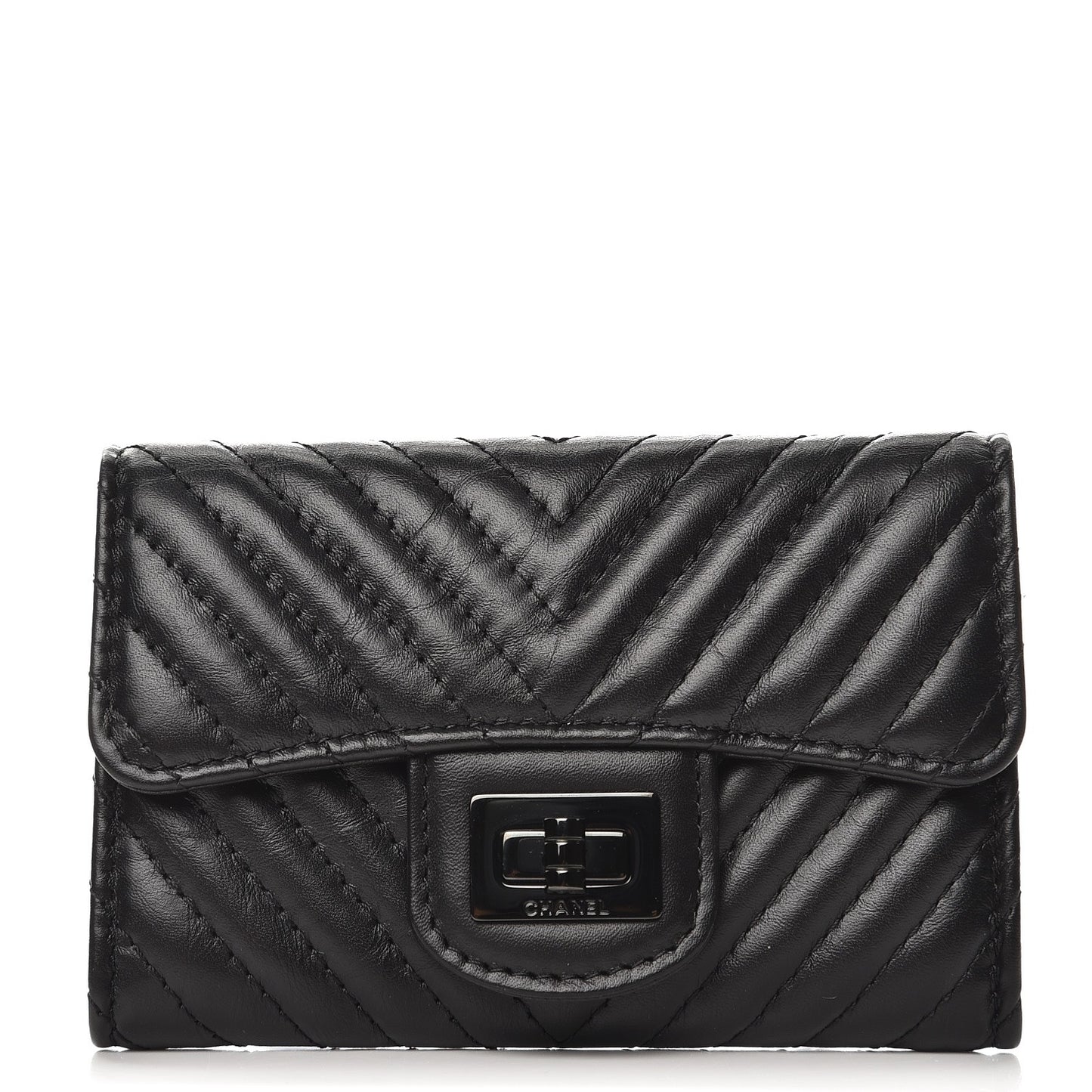 Aged Calfskin Chevron Quilted Card Holder Wallet So Black