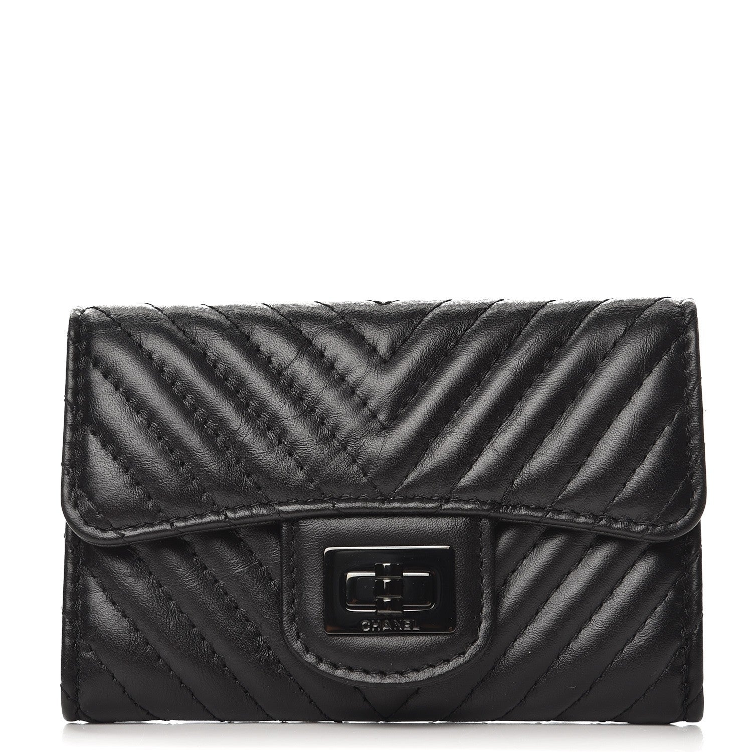 Chanel Aged Calfskin Chevron Quilted Card Holder Wallet So Black 1 of 9