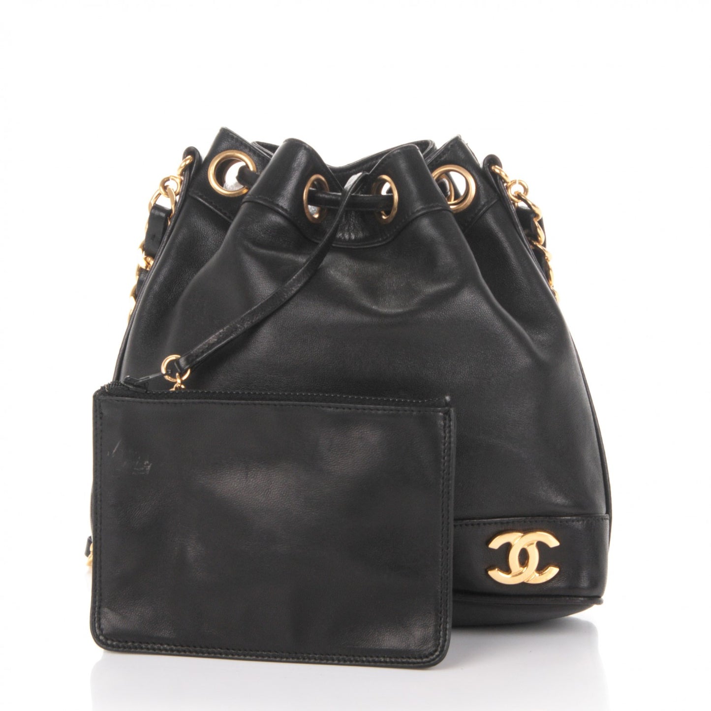 Lambskin CC Drawstring Shoulder Bag Black