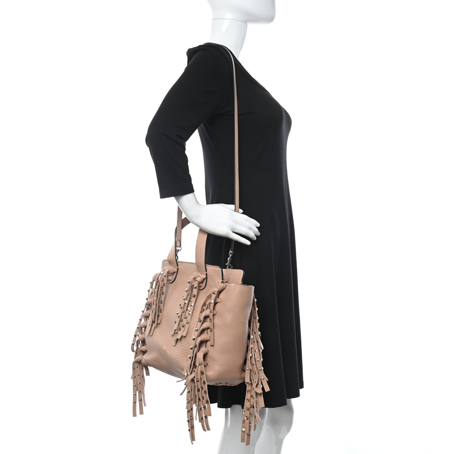 Grained Calfskin Small Rockstud C-Rockee Fringe Tote Poudre