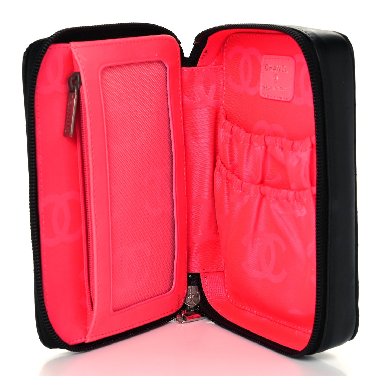 Calfskin Quilted Cambon Zip Around Cosmetic Pouch Black