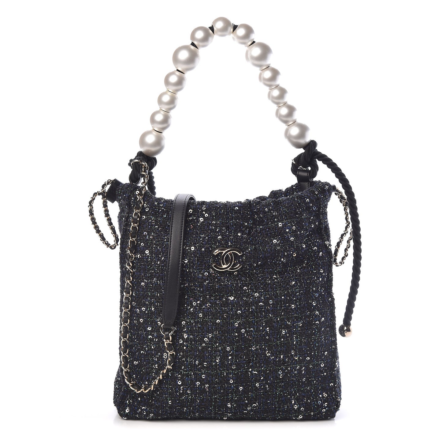 Tweed Sequin Pearl Drawstring Chain Bag Black Navy