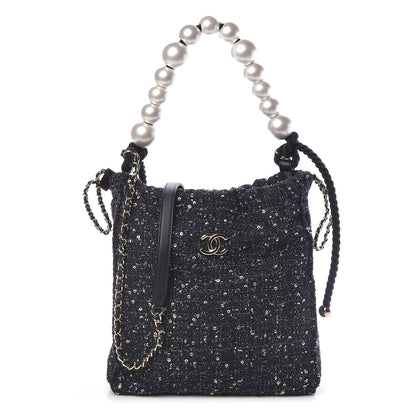 Chanel Tweed Sequin Pearl Drawstring Chain Bag Black Navy 1 of 10