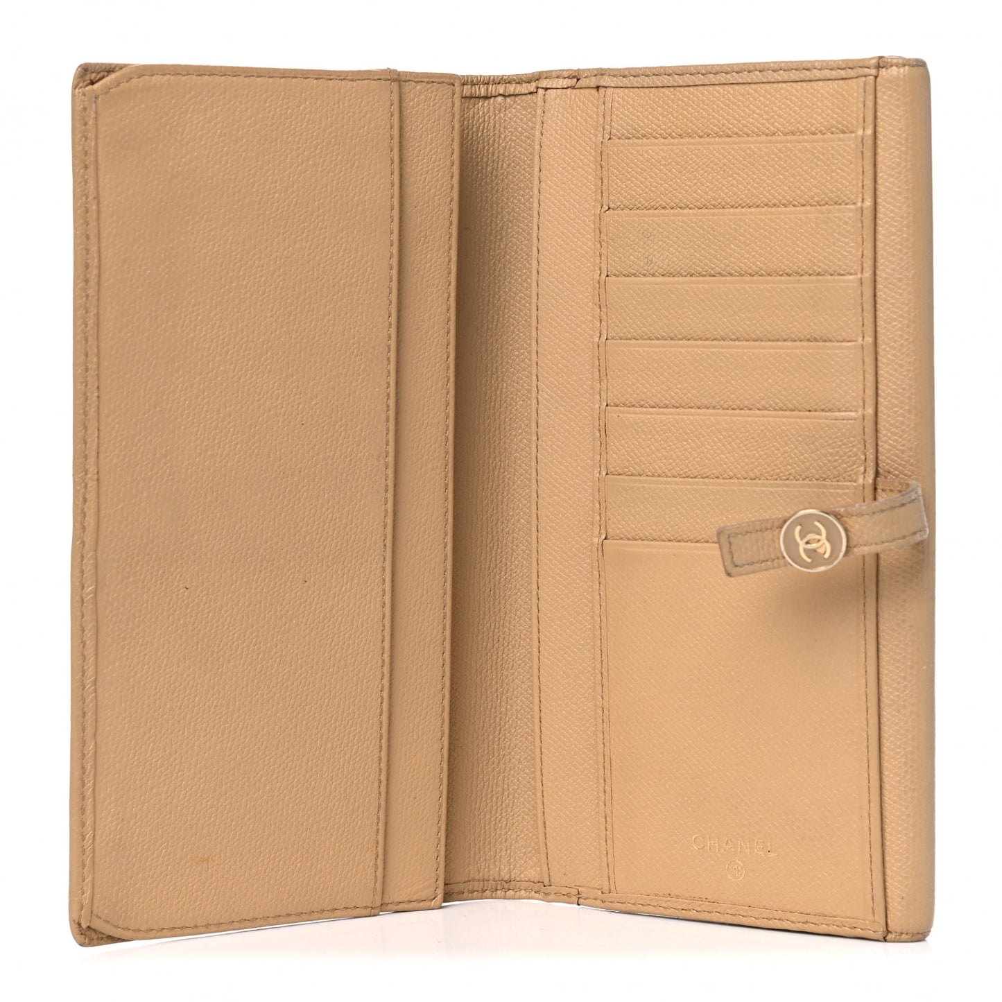 Grained Calfskin CC Button Long Wallet Beige