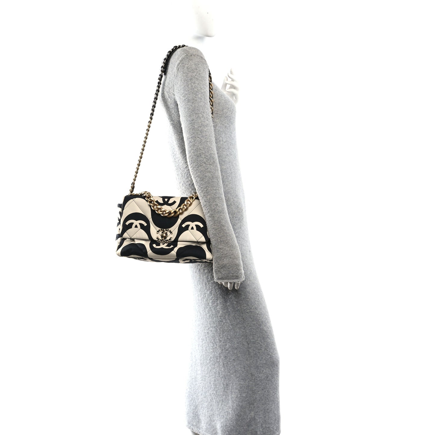 Fabric Printed Large Chanel 19 Flap Black Ecru