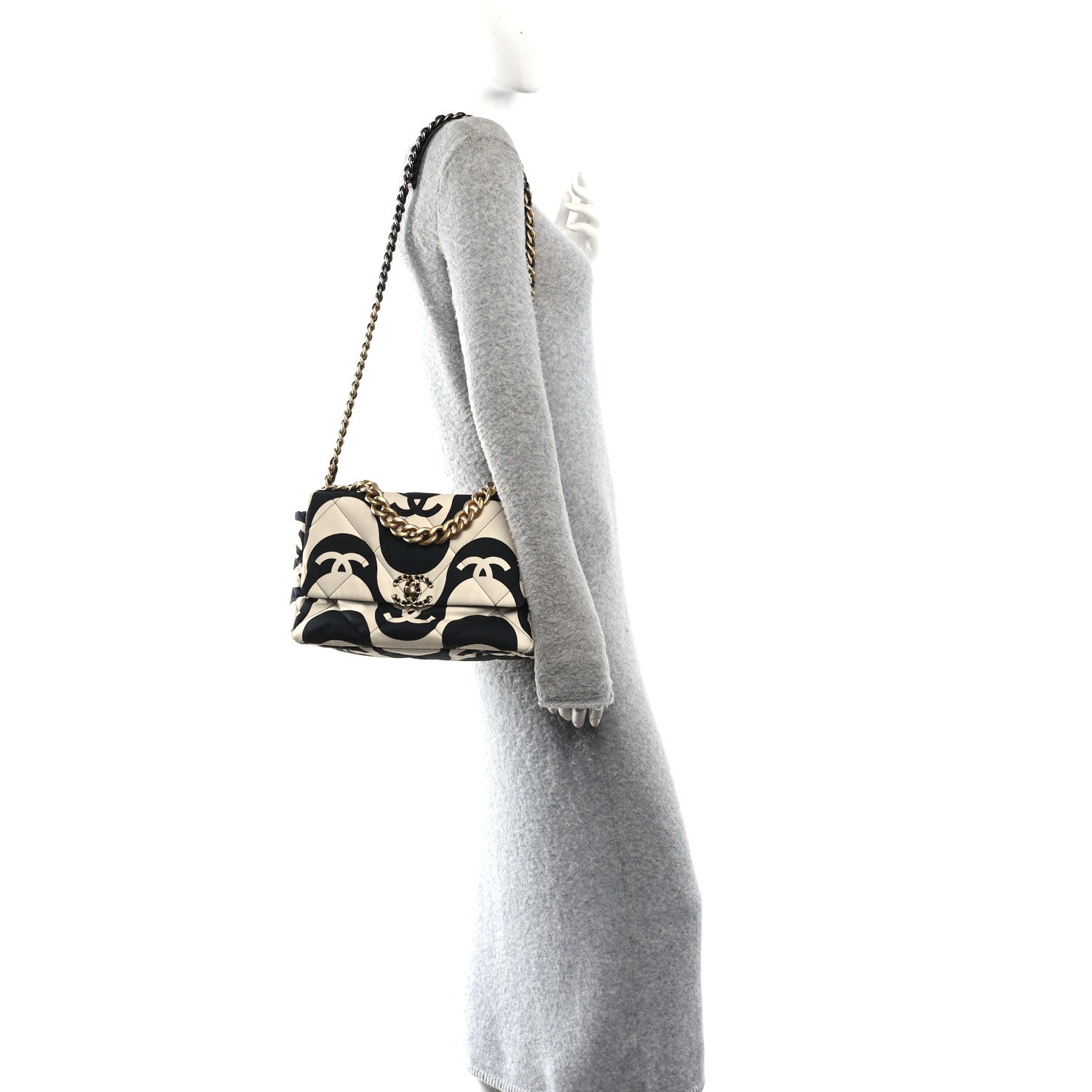Chanel Fabric Printed Large Chanel 19 Flap Black Ecru 2 of 10