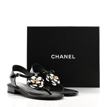 Chanel Patent Calfskin Camellia Thong Sandals 38 Black White 10 of 10