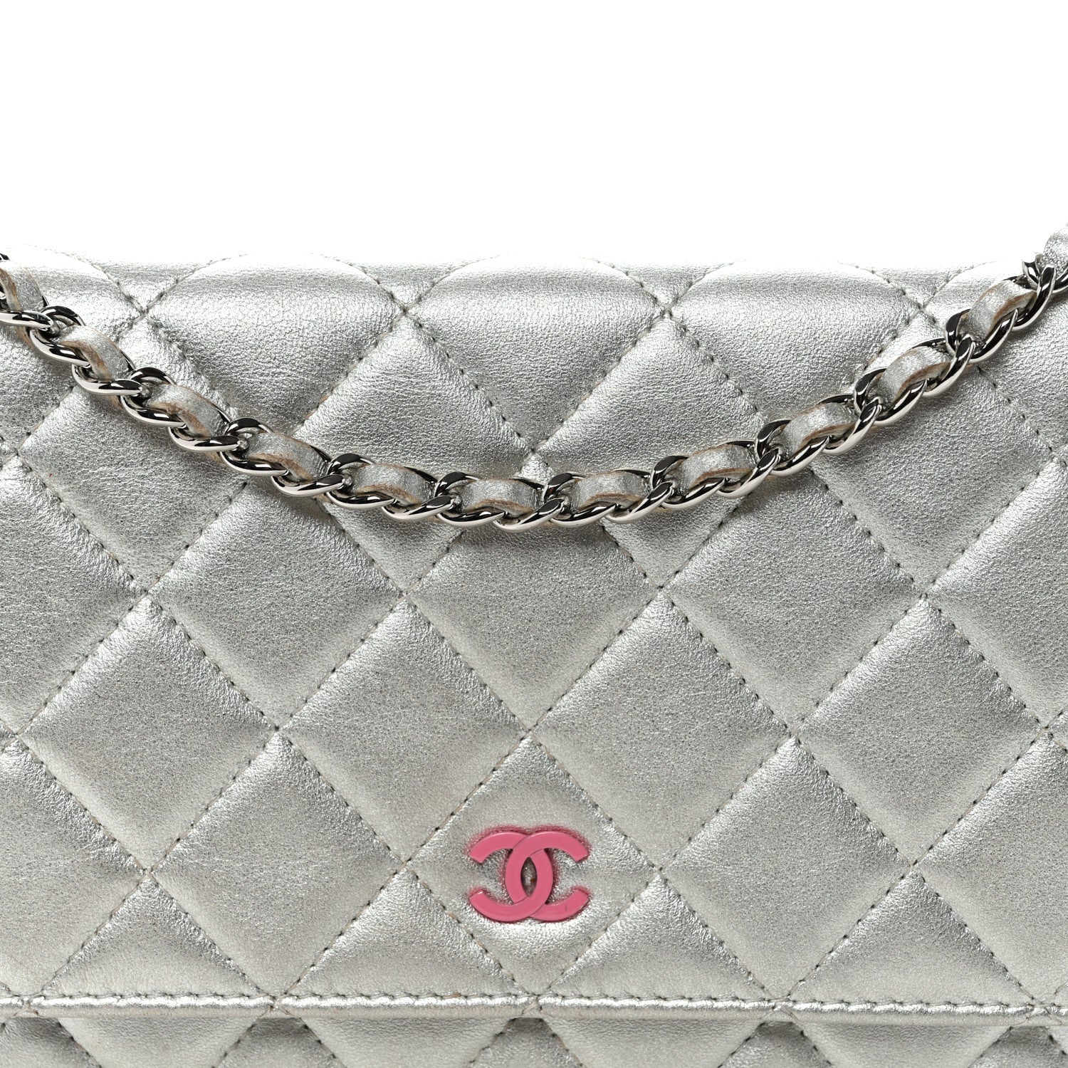 Chanel Metallic Lambskin Quilted Wallet On Chain WOC Silver 9 of 12