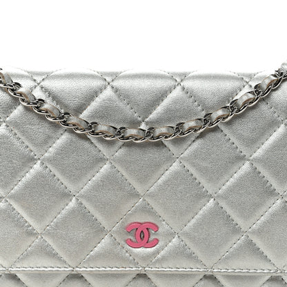 Chanel Metallic Lambskin Quilted Wallet On Chain WOC Silver 9 of 12