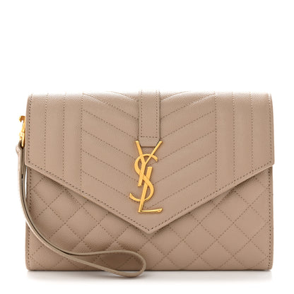 Saint Laurent Grain De Poudre Textured Mixed Matelasse Triquilt Monogram Clutch Dark Beige 1 of 8