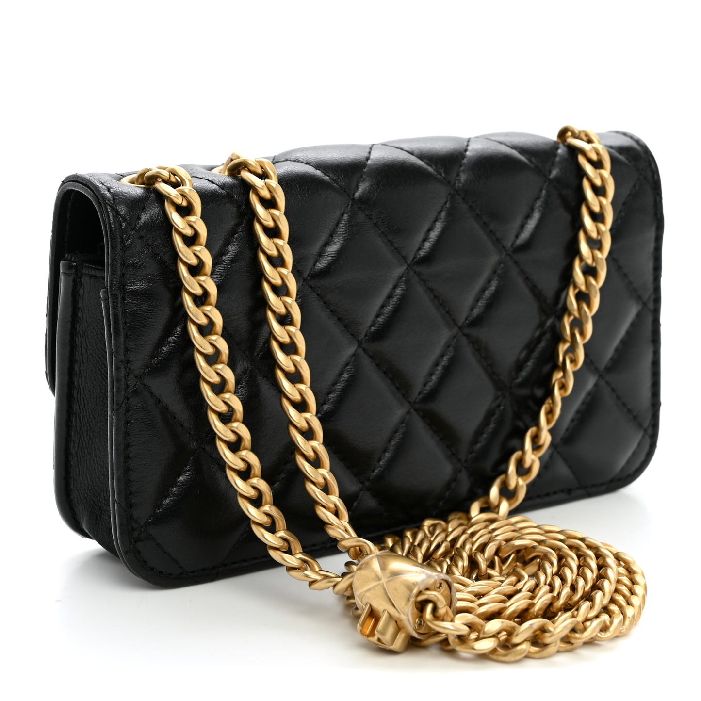 Lambskin Quilted Pillow Crush Flap Phone Holder With Chain Black