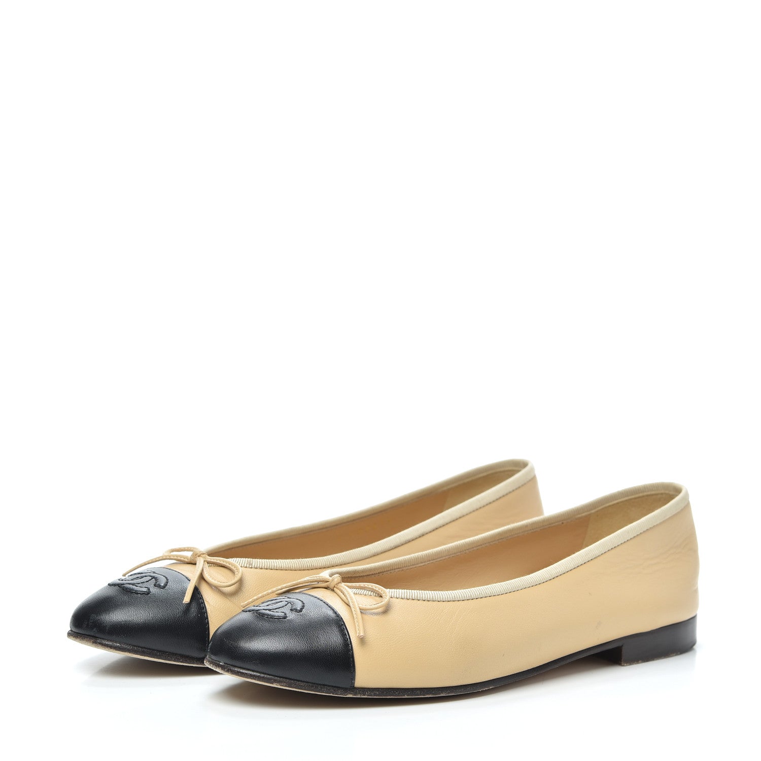 Chanel Lambskin Cap Toe CC Ballerina Flats 37.5 Beige Black 3 of 7