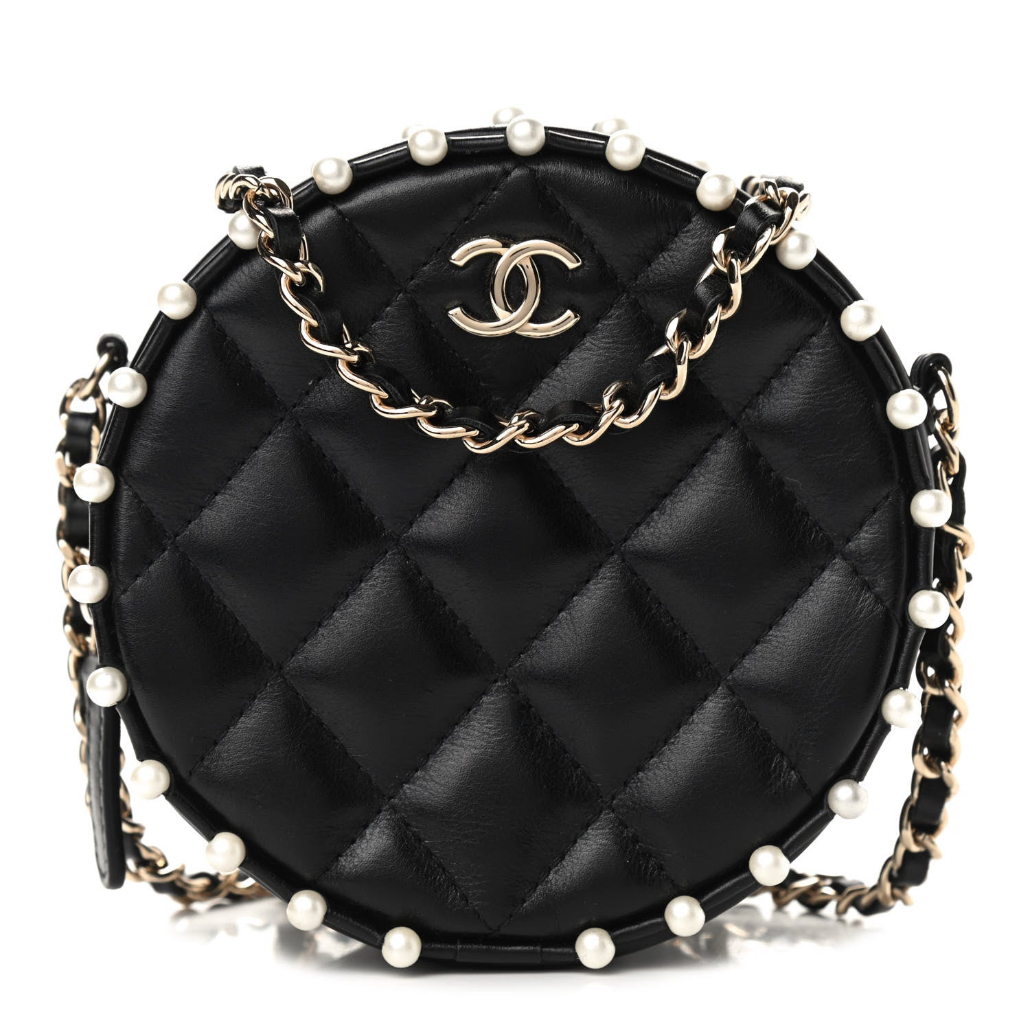 Chanel Calfskin Quilted Pearl Round Clutch With Chain Black 1 of 9