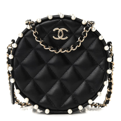 Chanel Calfskin Quilted Pearl Round Clutch With Chain Black 1 of 9