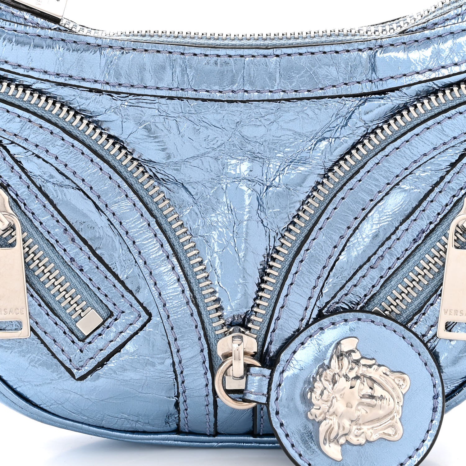 Versace Metallic Calfskin Mini Repeat Zip Hobo Blue 7 of 9