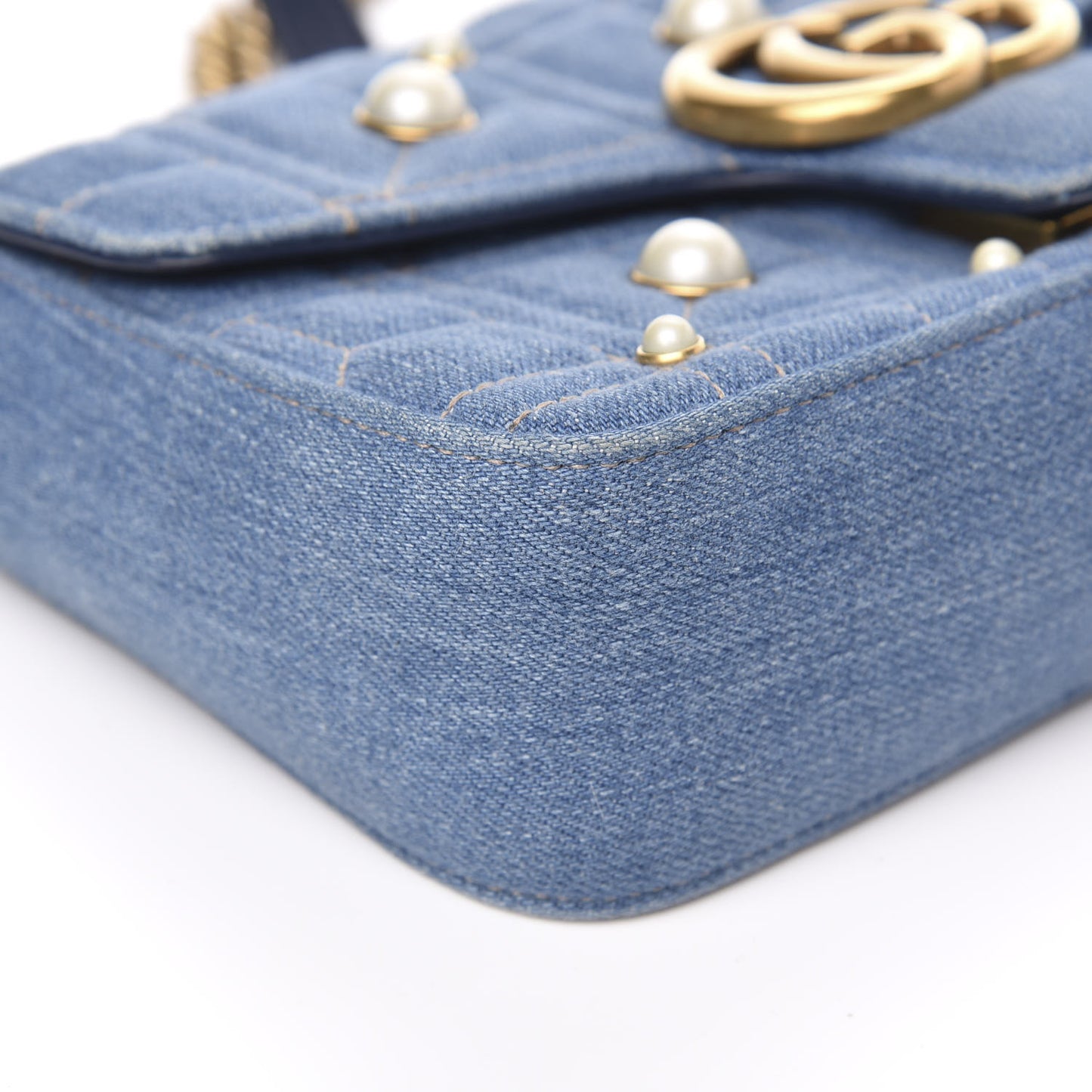 Denim Matelasse Pearl Studded Mini GG Marmont Shoulder Bag Blue