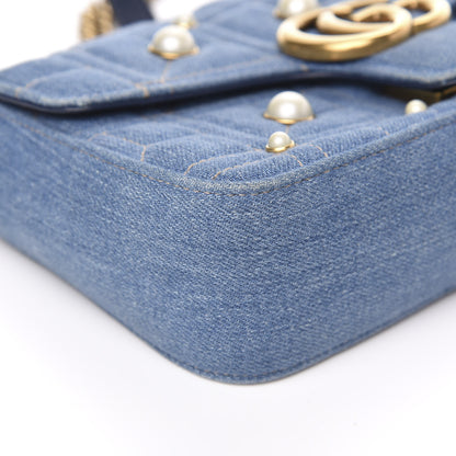 Gucci Denim Matelasse Pearl Studded Mini GG Marmont Shoulder Bag Blue 8 of 11