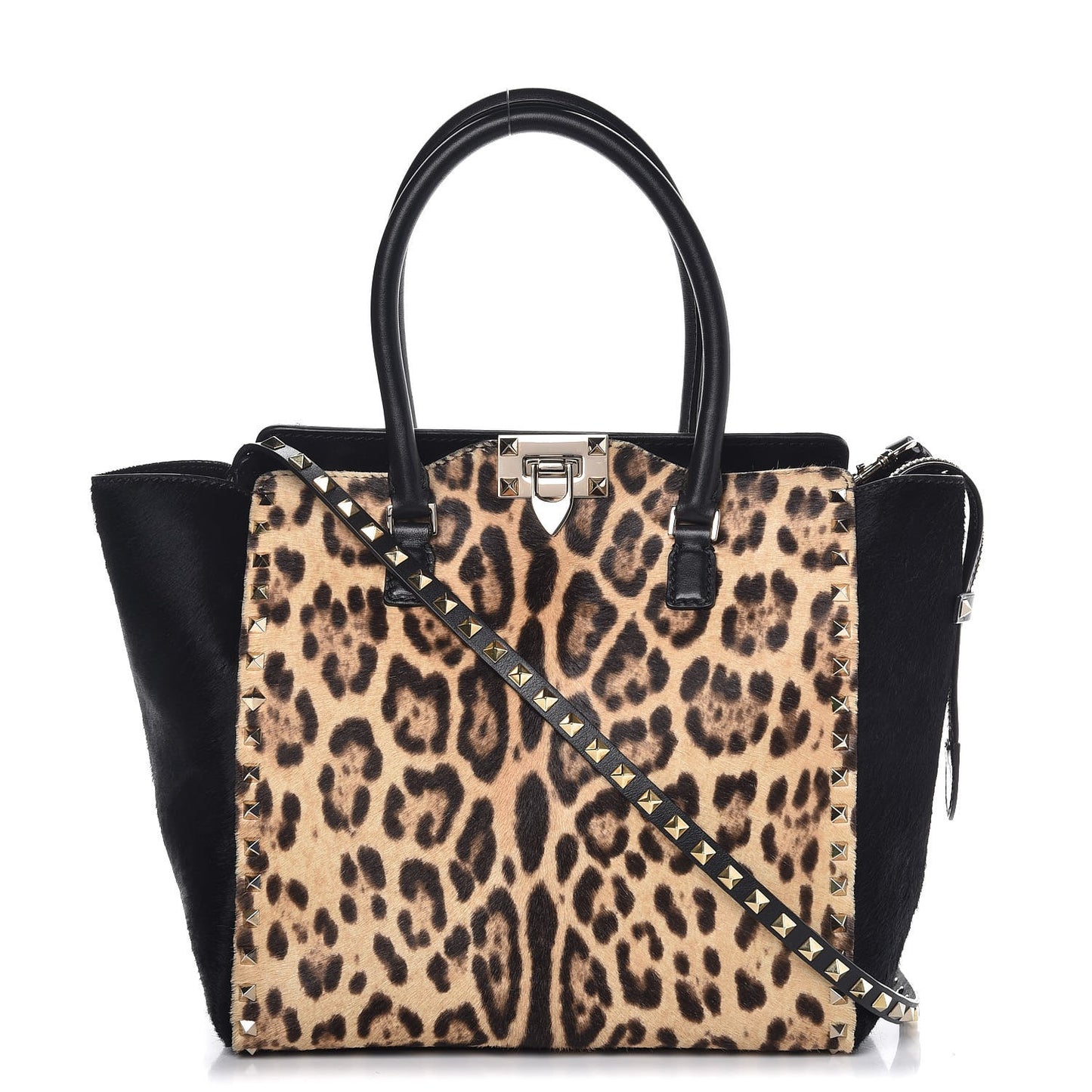 Calf Hair Leopard Print Rockstud Double Handle Tote Black