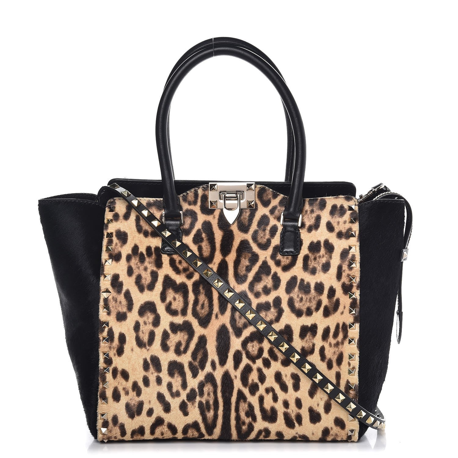 Valentino Garavani Calf Hair Leopard Print Rockstud Double Handle Tote Black 1 of 9