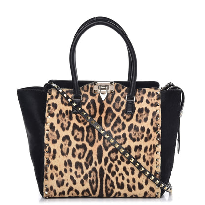 Valentino Garavani Calf Hair Leopard Print Rockstud Double Handle Tote Black 1 of 9