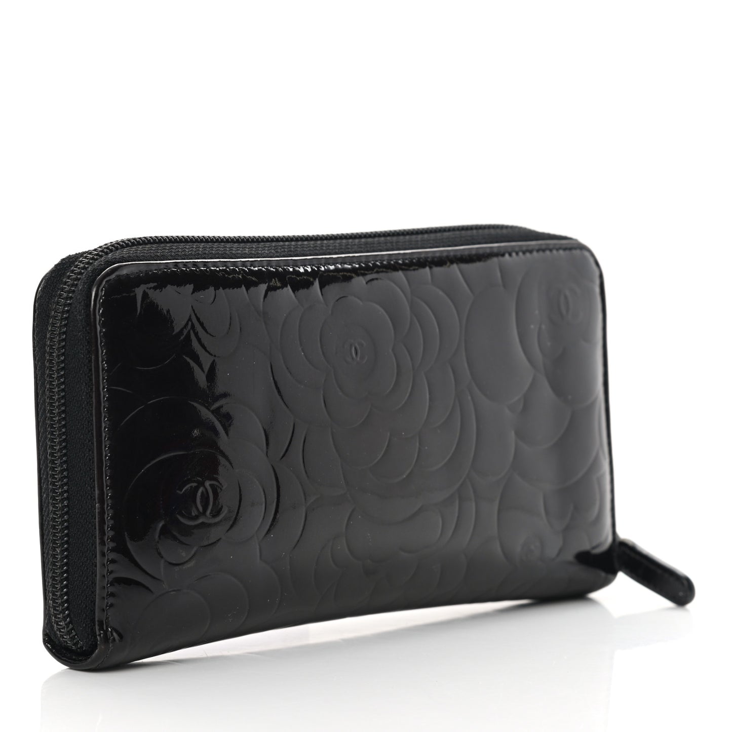 Patent Camellia Embossed Large Zip Around Gusset Wallet Black