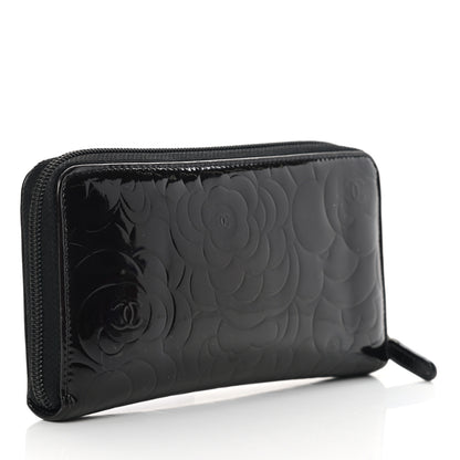 Chanel Patent Camellia Embossed Large Zip Around Gusset Wallet Black 3 of 12