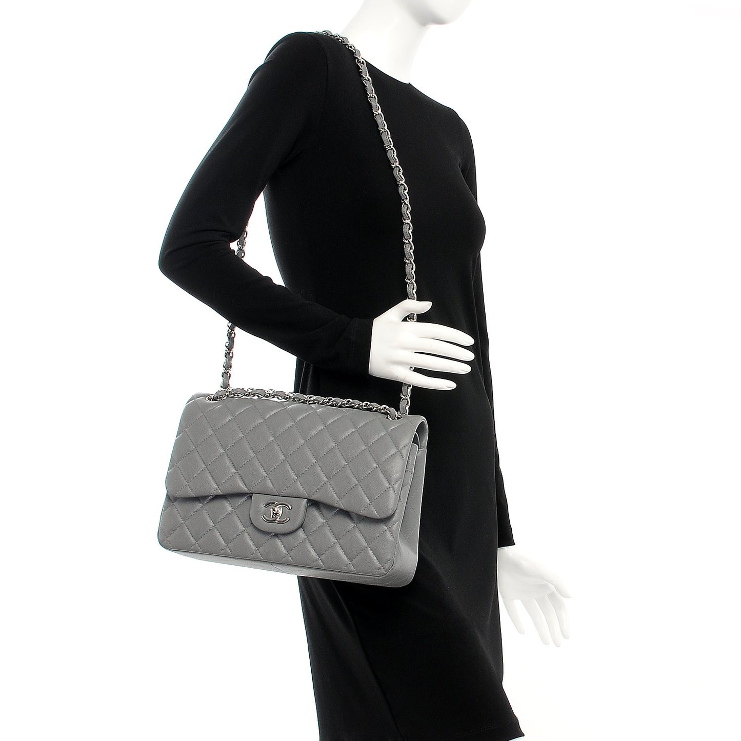 Caviar Quilted Jumbo Double Flap Grey