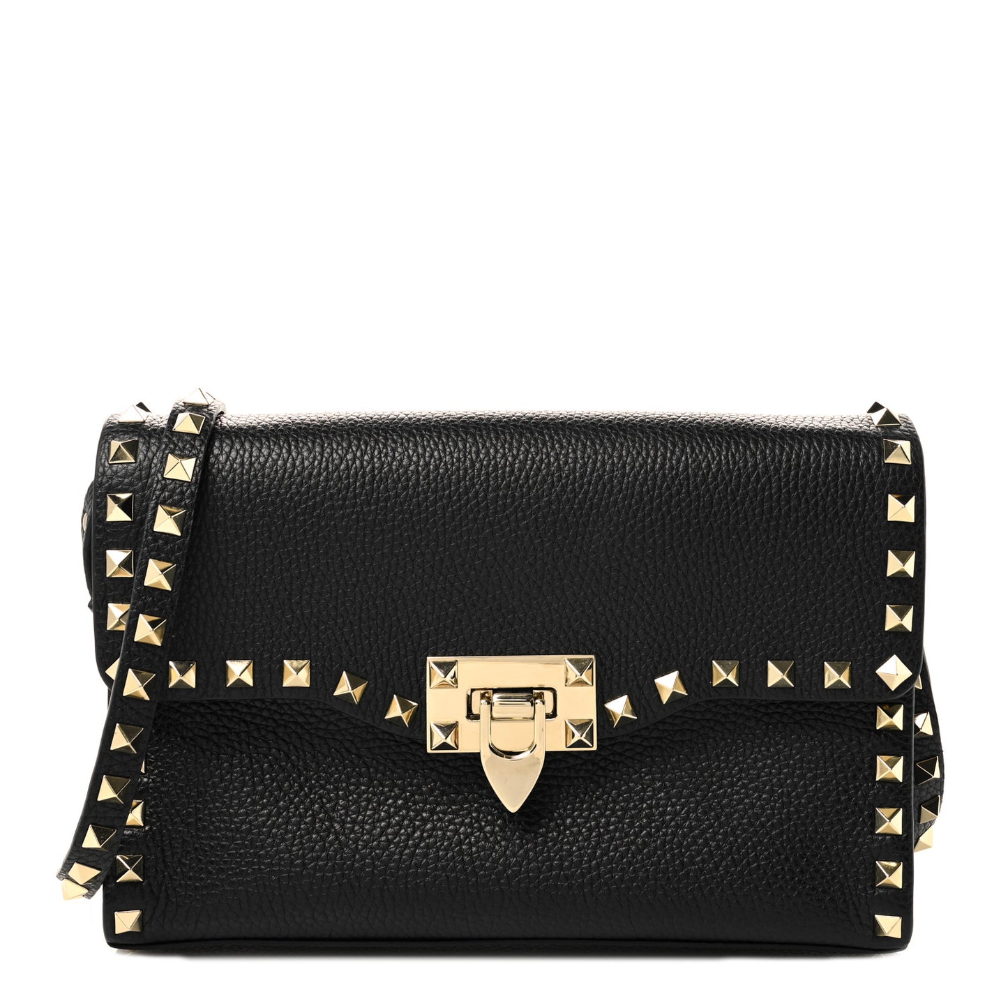 Pebbled Calfskin Medium Rockstud Flip Lock Crossbody Bag Black