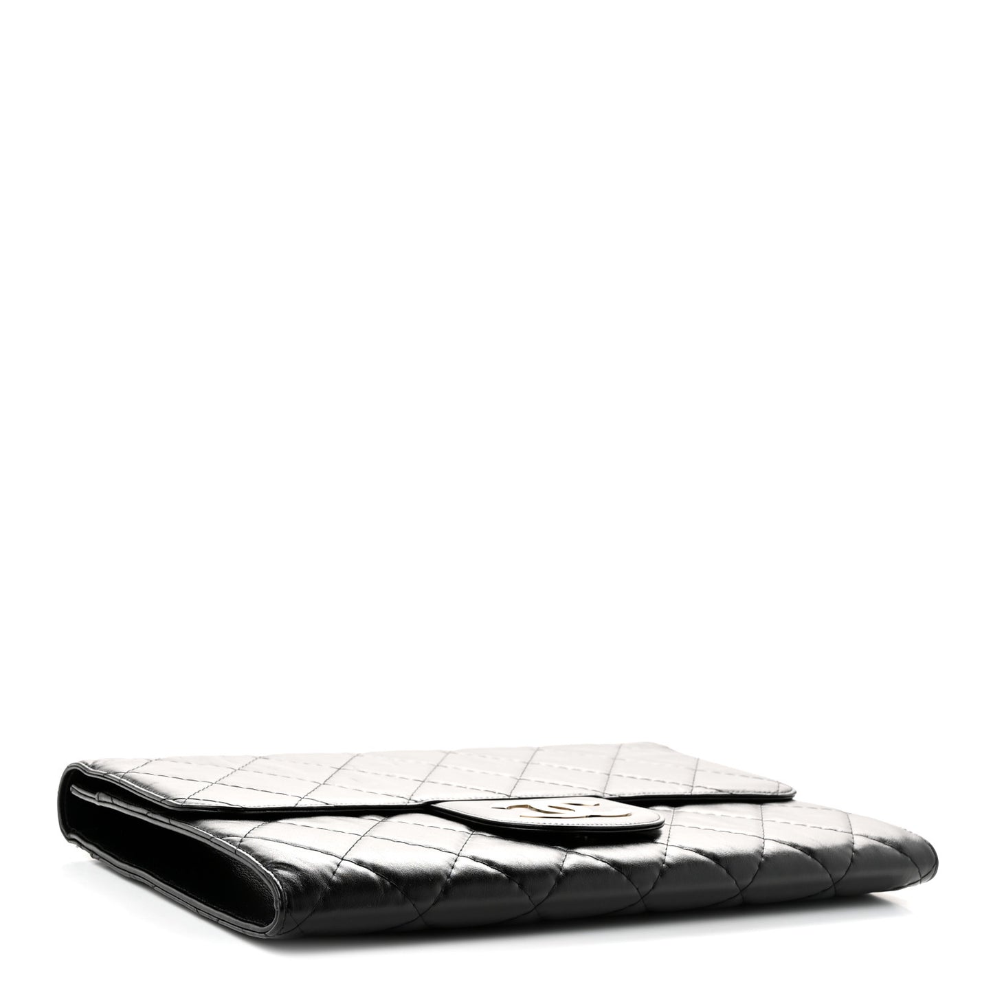 Shiny Crumpled Calfskin Quilted Large Clutch Black