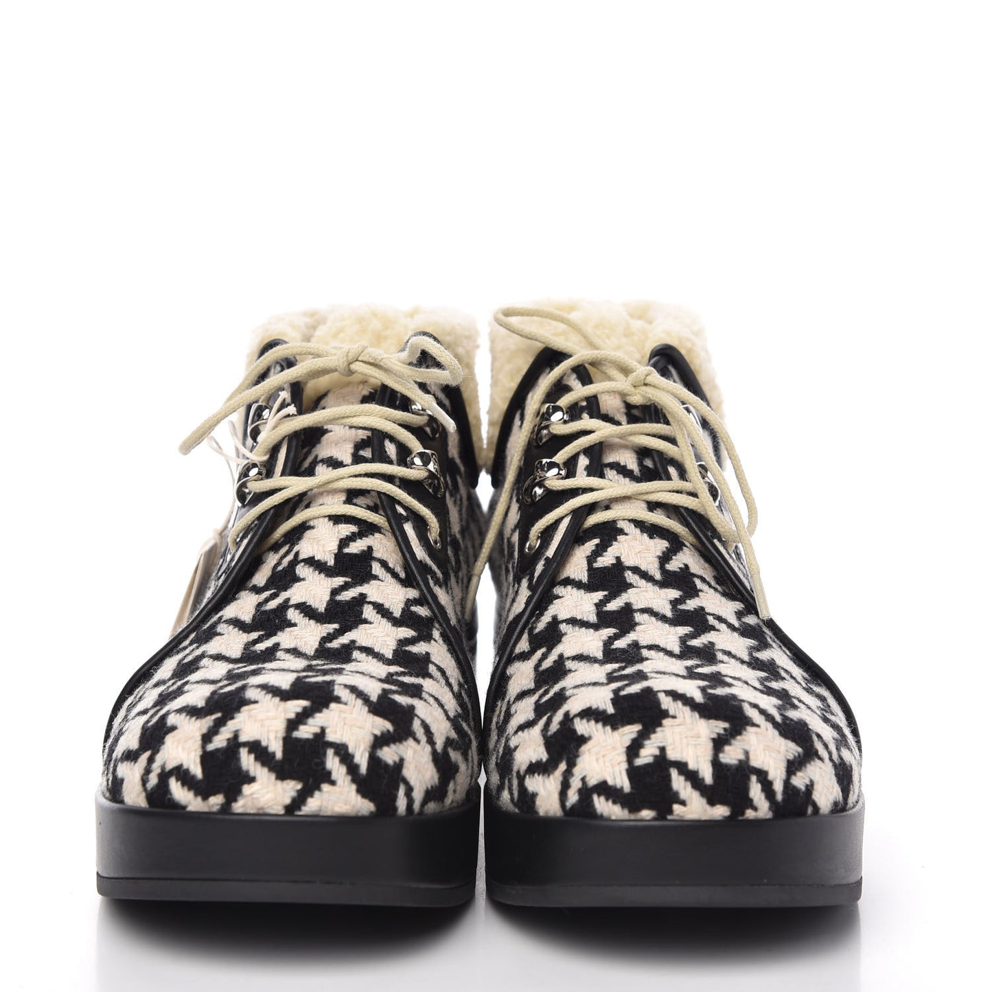 Optical Tweed Faux Shearling Houndstooth Victor Lace Up Ankle Boots 41 White Black